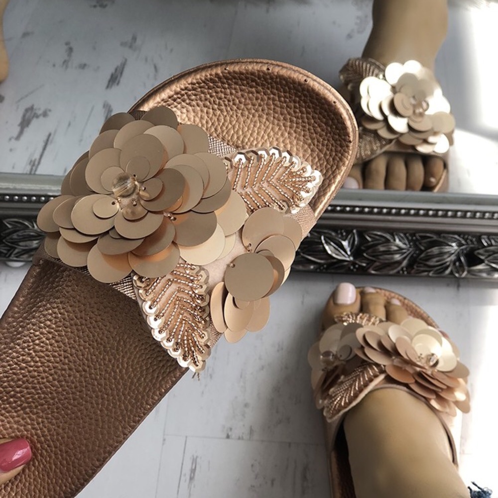 Rose Gold Flower Embellished Slides| MAKE A OFFER
